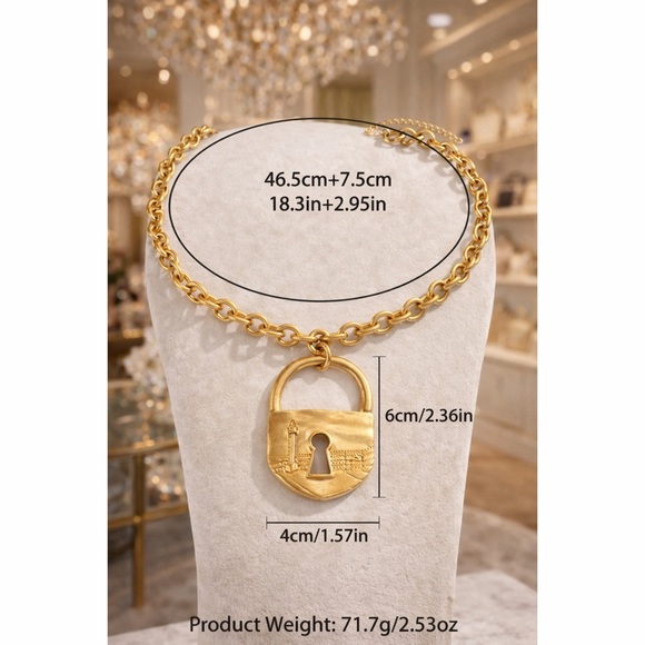 Large Statement Key Lock Matte Gold Finish Necklace with Adjuster - Picture 4 of 4